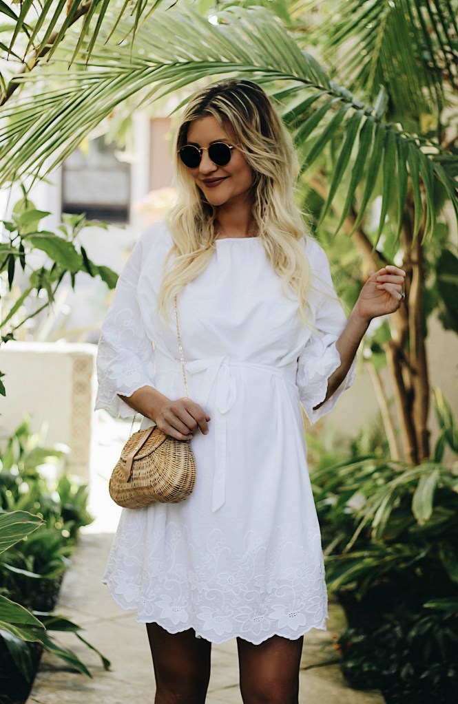 little white dress, summer style, maternity style, pregnancy style, 7 months pregnant, 31 weeks pregnant, maternity clothes, Isabel maternity, maternity clothes, summer style, California style, date night outfit, larne artisans bag, purse, blonde, Lindsey Simon, the nomis niche, straw bag, summer outfit, how to wear, outfit inspiration, bohemian, casual, feminine, Las Vegas blogger, Santa Barbara, 
